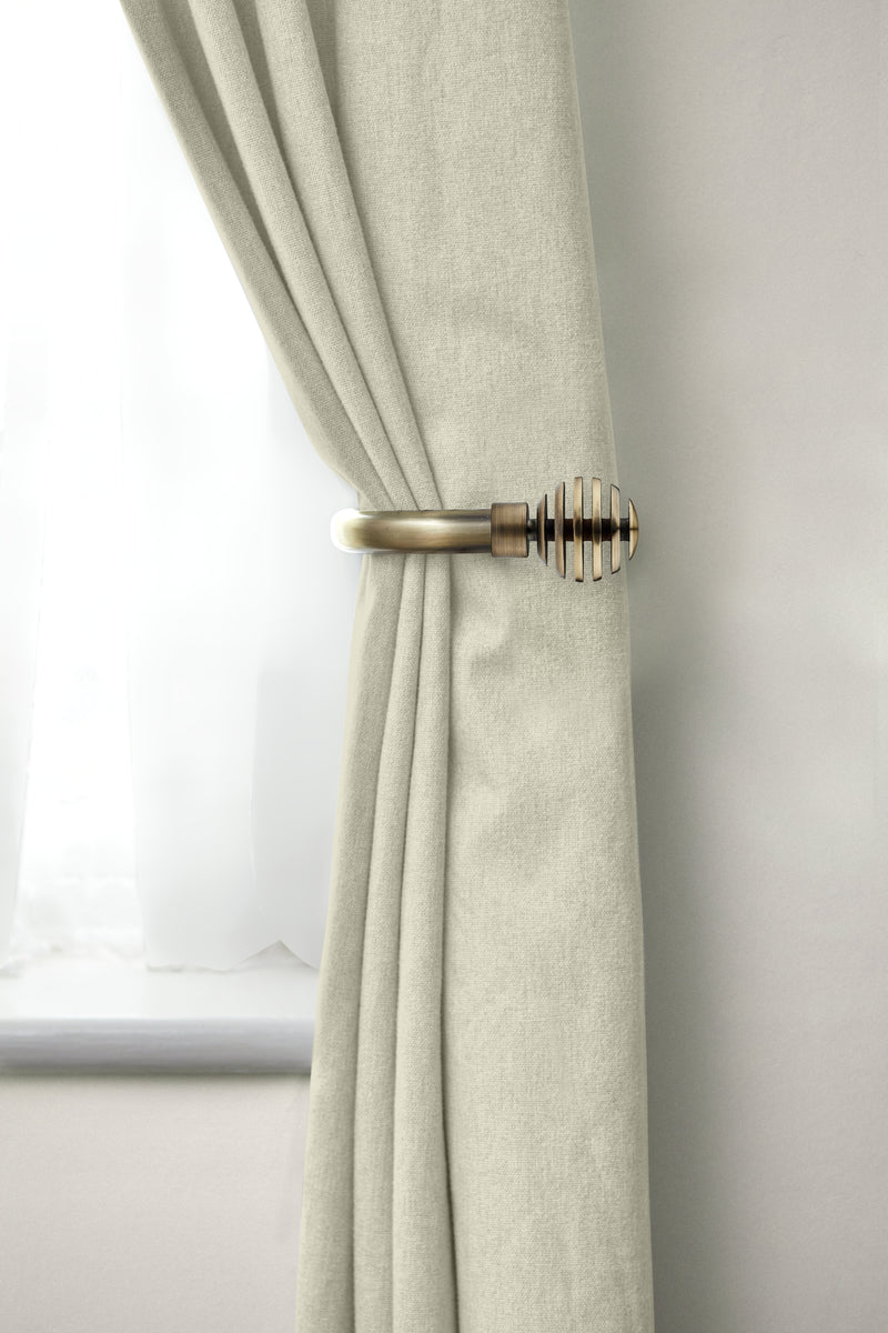 Metal Sliced - Pair of Holdaback Tiebacks with End Finials in Antique Brass
