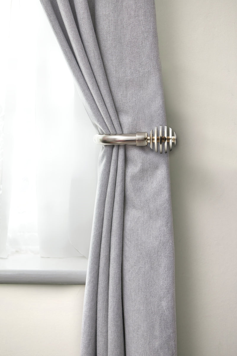 Metal Sliced - Pair of Holdaback Tiebacks with End Finials in Brushed Silver