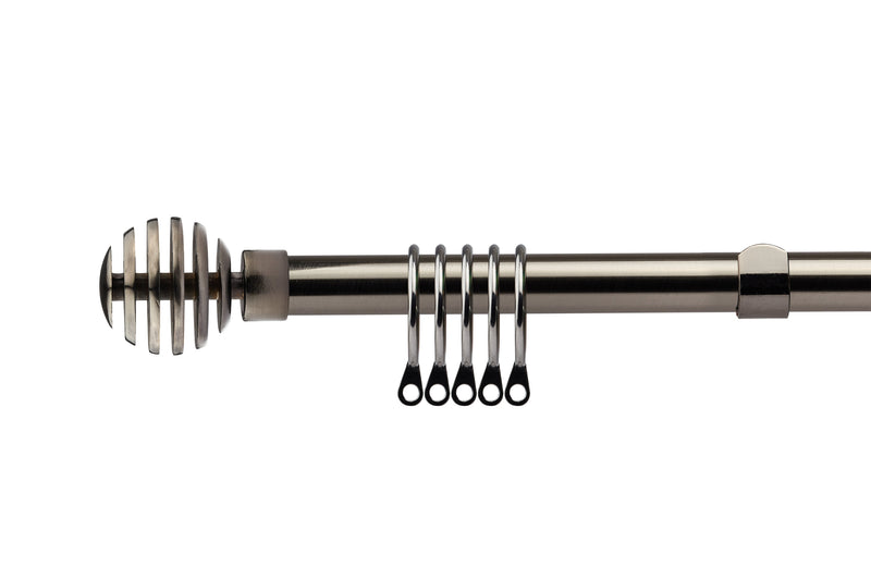 Metal Sliced - Extendable Curtain Pole with rings and pair of end finials in Black Silk