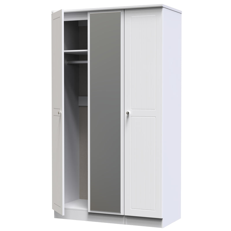 Monroe Ready Assembled Wardrobe with Triple Mirror - White Matt / White