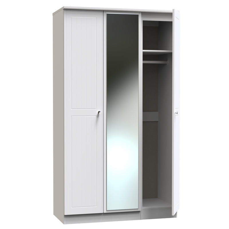 Monroe Ready Assembled Wardrobe with Triple Mirror - White Matt / White