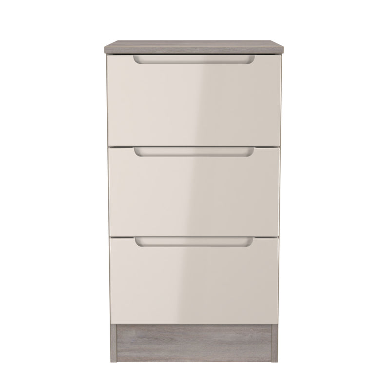 Cannes Ready Assembled 3 Drawer Bedside Cabinet in Kashmir Gloss & Grey Oak