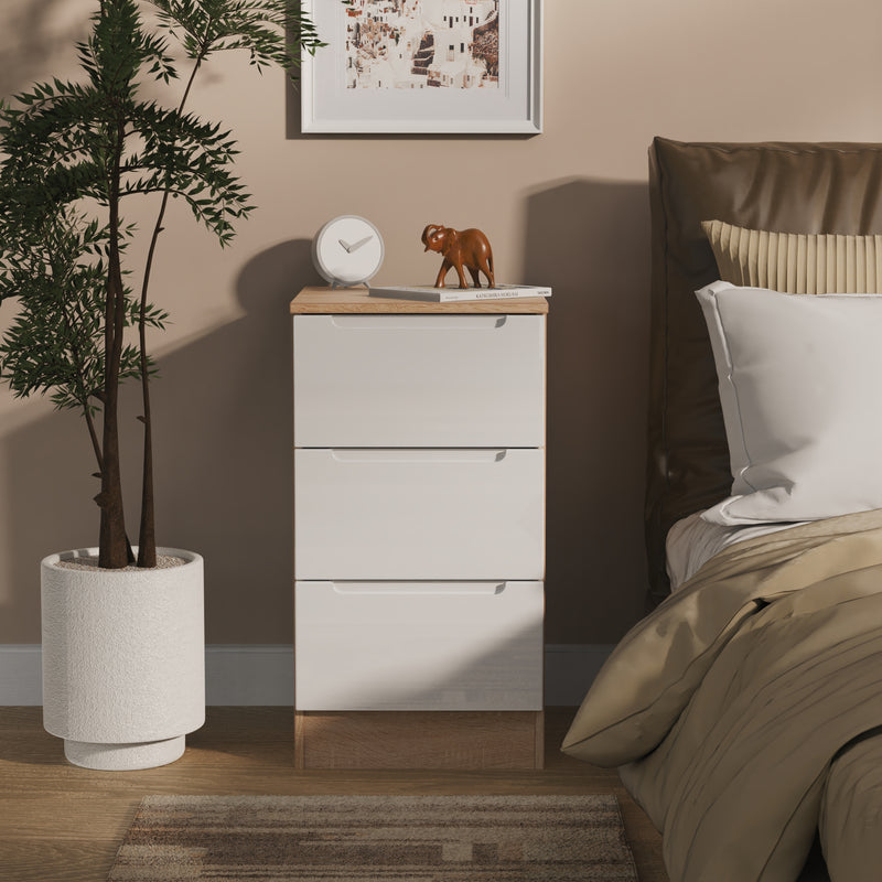 Milan 3 Drawer Bedside in White Gloss & Bardolino Oak - Ready Assembled