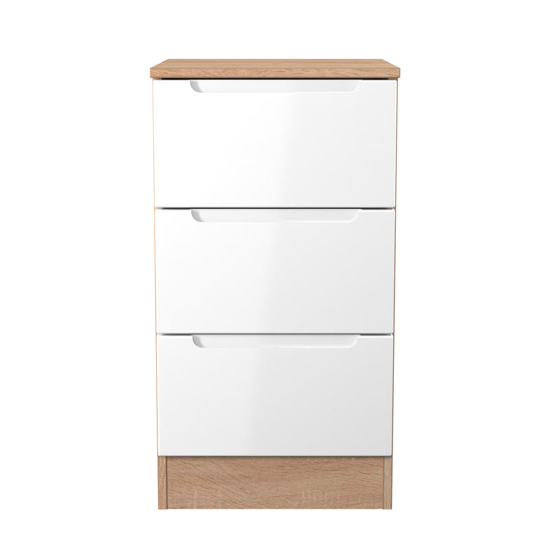 Milan 3 Drawer Bedside in White Gloss & Bardolino Oak - Ready Assembled