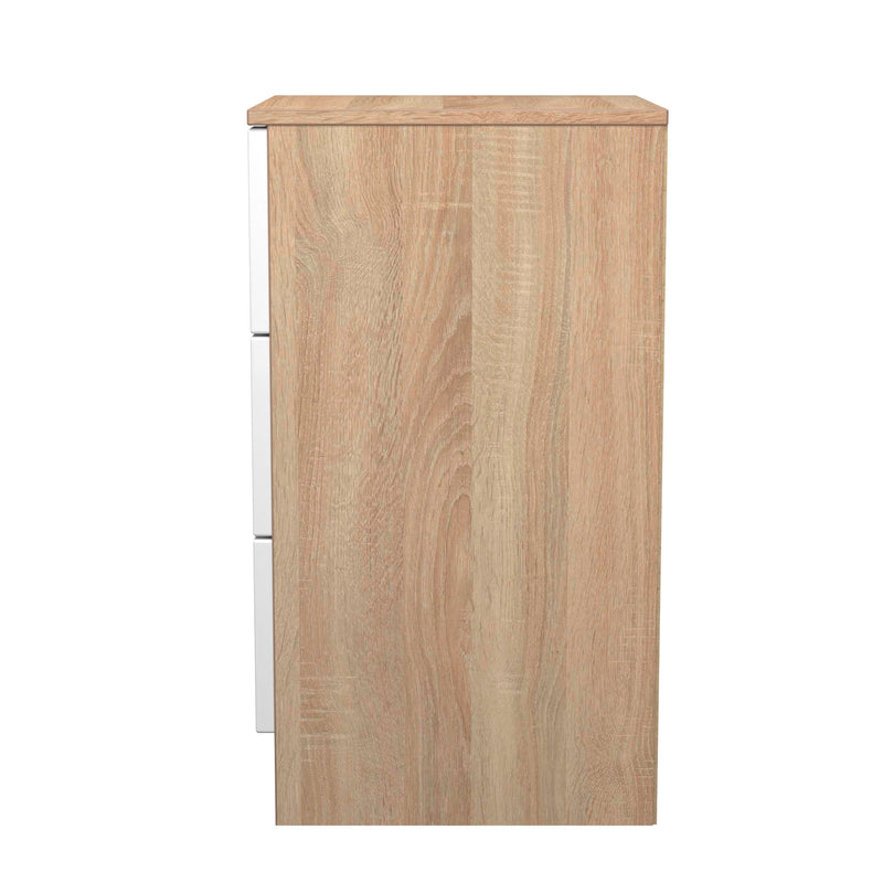 Milan 3 Drawer Bedside in White Gloss & Bardolino Oak - Ready Assembled