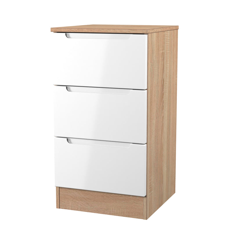 Milan 3 Drawer Bedside in White Gloss & Bardolino Oak - Ready Assembled
