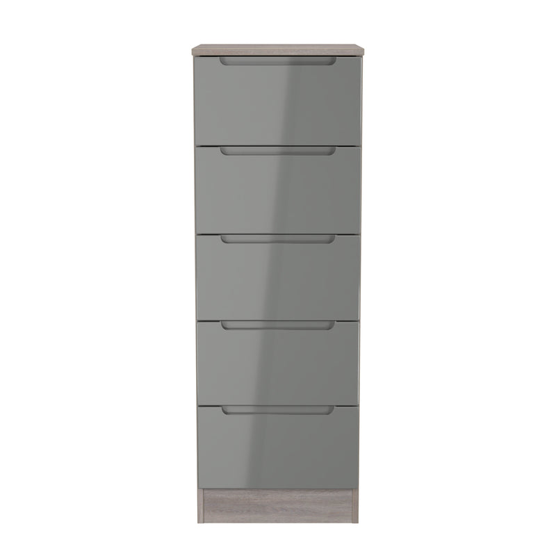Cannes Ready Assembled 5 Drawer Tallboy in Grey Gloss & Grey Oak
