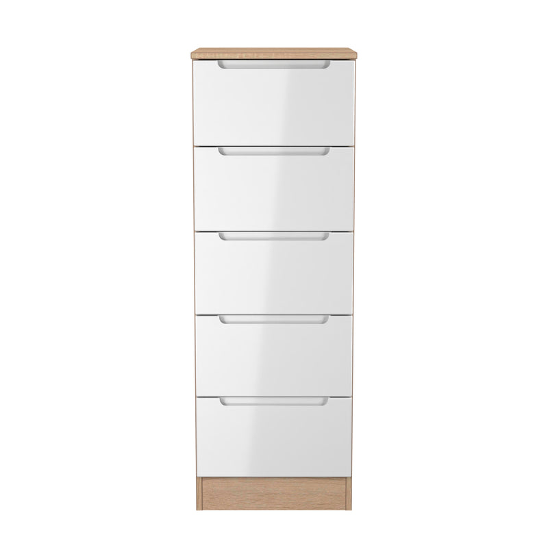 Milan 5 Drawer Bedside in White Gloss & Bardolino Oak - Ready Assembled