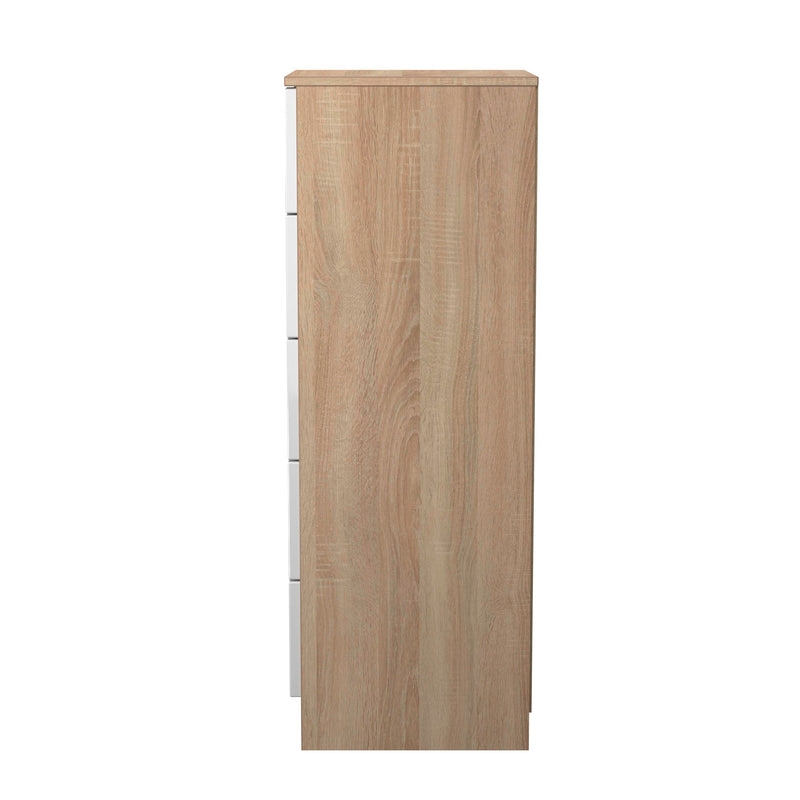 Milan 5 Drawer Bedside in White Gloss & Bardolino Oak - Ready Assembled