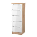 Milan 5 Drawer Bedside in White Gloss & Bardolino Oak - Ready Assembled