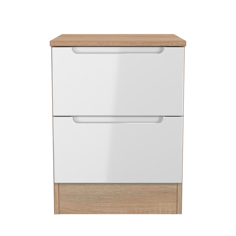 Milan 2 Drawer Bedside in White Gloss & Bardolino Oak - Ready Assembled