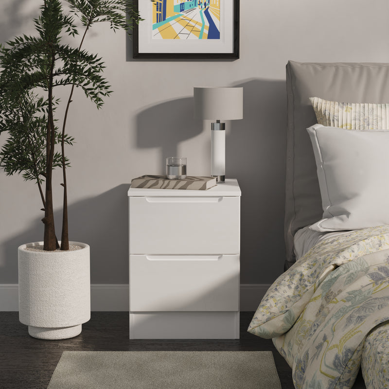 Milan 2 Drawer Bedside in White Gloss & White - Ready Assembled