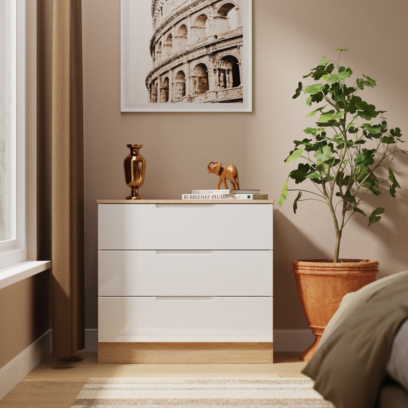 Milan 3 Drawer Chest in White Gloss & Bardolino Oak - Ready Assembled