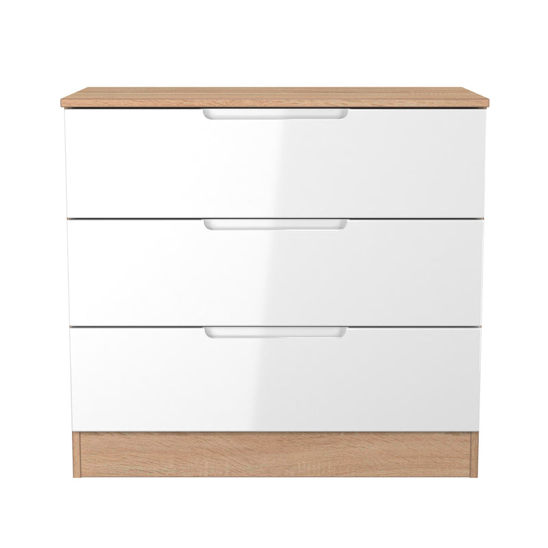 Milan 3 Drawer Chest in White Gloss & Bardolino Oak - Ready Assembled