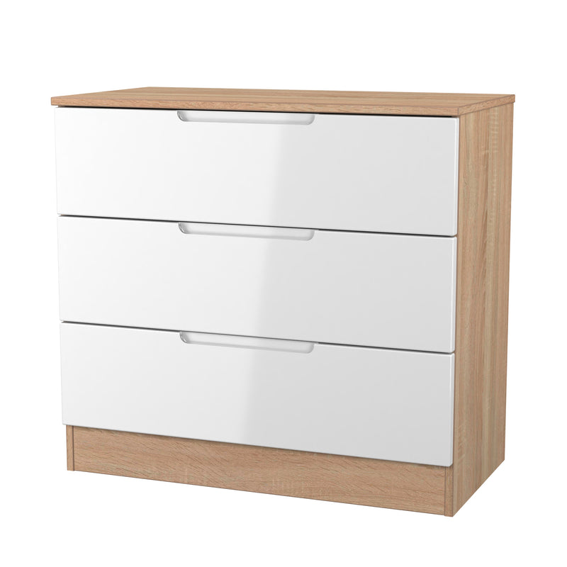 Milan 3 Drawer Chest in White Gloss & Bardolino Oak - Ready Assembled