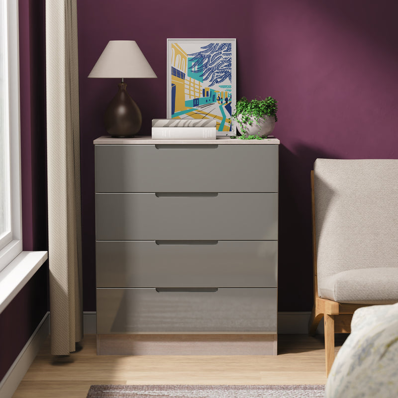 Cannes Ready Assembled 4 Drawer Chest in Grey Gloss & Grey Oak