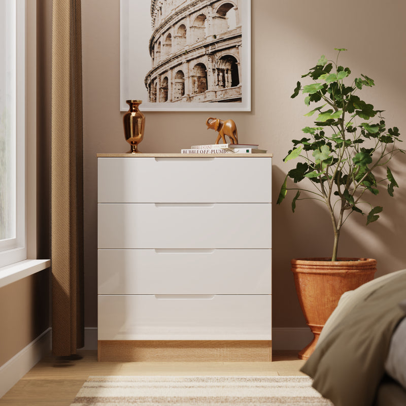Milan 4 Drawer Chest in White Gloss & Bardolino Oak - Ready Assembled