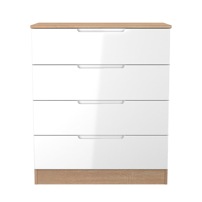 Milan 4 Drawer Chest in White Gloss & Bardolino Oak - Ready Assembled