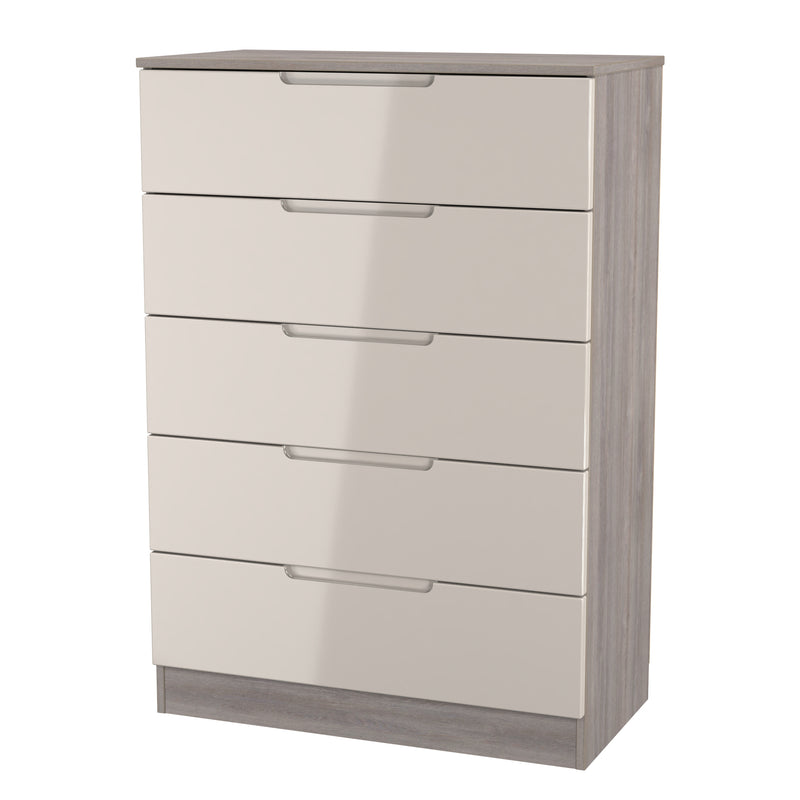 Cannes Ready Assembled 5 Drawer Chest in Kashmir Gloss & Grey Oak