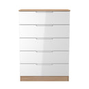 Milan 5 Drawer Chest in White Gloss & Bardolino Oak - Ready Assembled