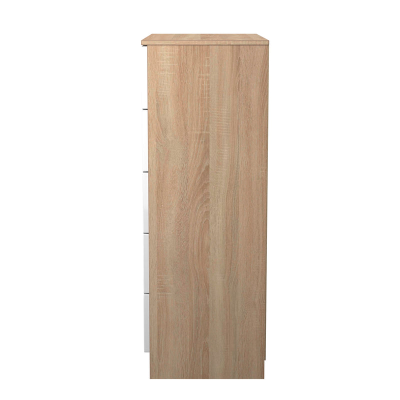 Milan 5 Drawer Chest in White Gloss & Bardolino Oak - Ready Assembled