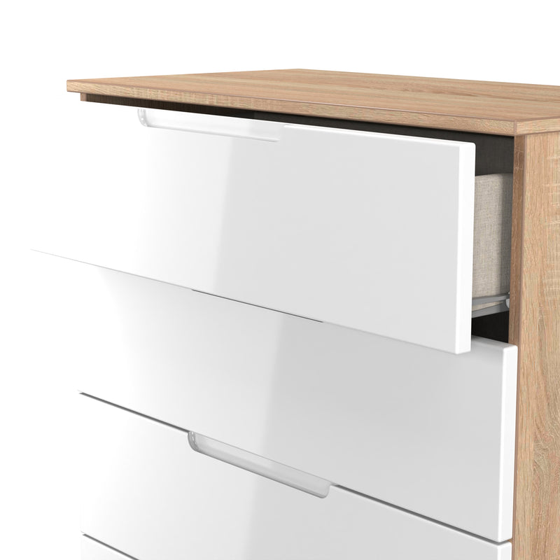 Milan 5 Drawer Chest in White Gloss & Bardolino Oak - Ready Assembled