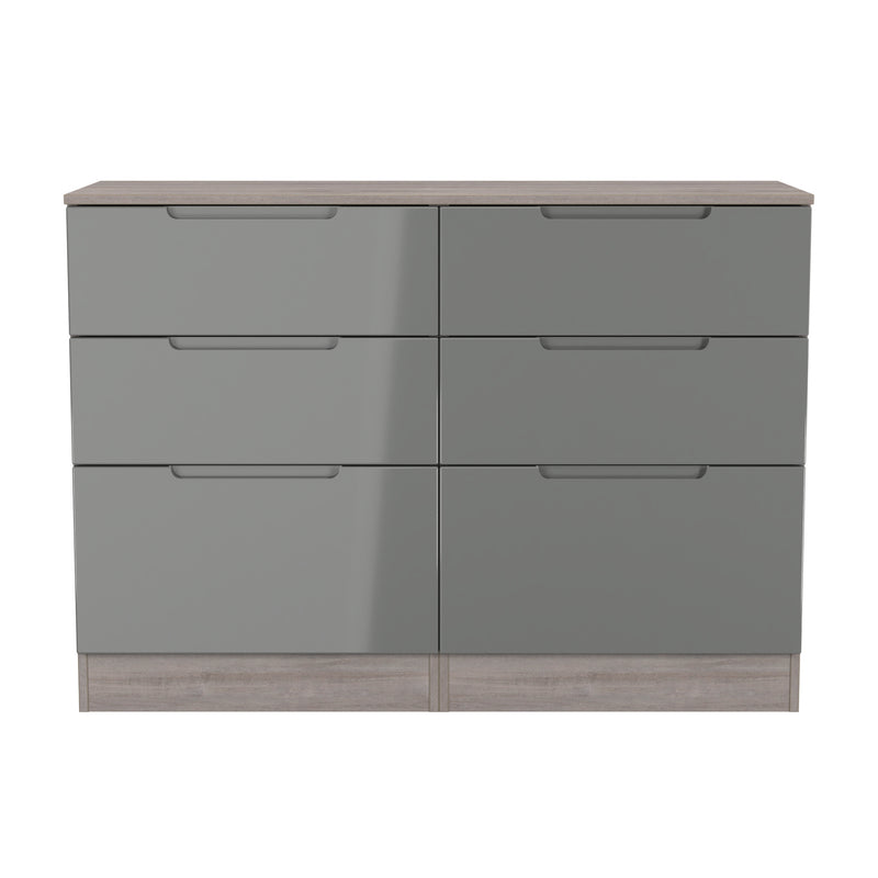 Cannes Ready Assembled 6 Drawer Wide Chest in Grey Gloss & Grey Oak