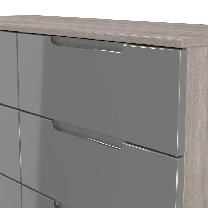 Cannes Ready Assembled 6 Drawer Wide Chest in Grey Gloss & Grey Oak