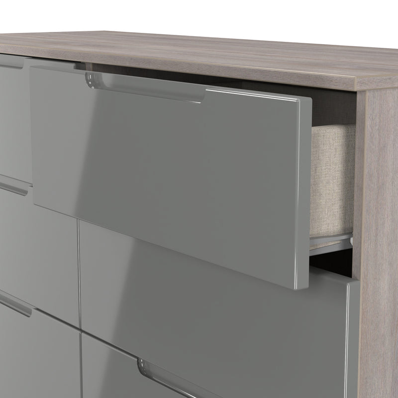 Cannes Ready Assembled 6 Drawer Wide Chest in Grey Gloss & Grey Oak
