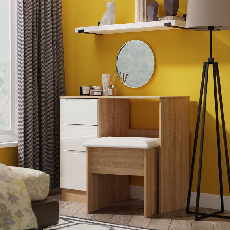 Milan 3 Drawer Vanity in White Gloss & Bardolino Oak - Ready Assembled