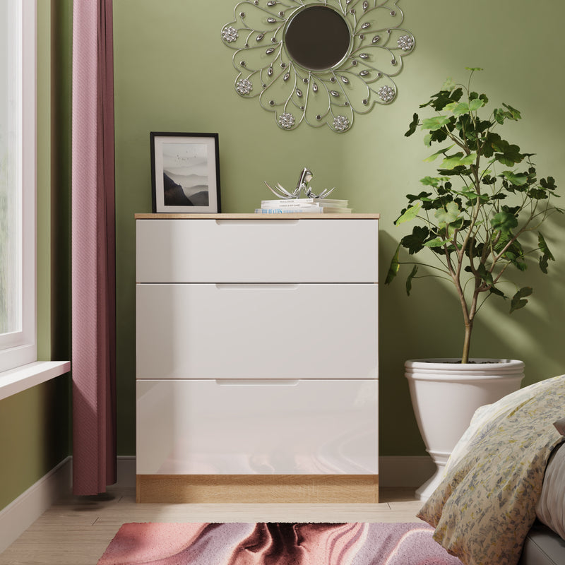 Milan 3 Drawer Deep Chest in White Gloss & Bardolino Oak - Ready Assembled