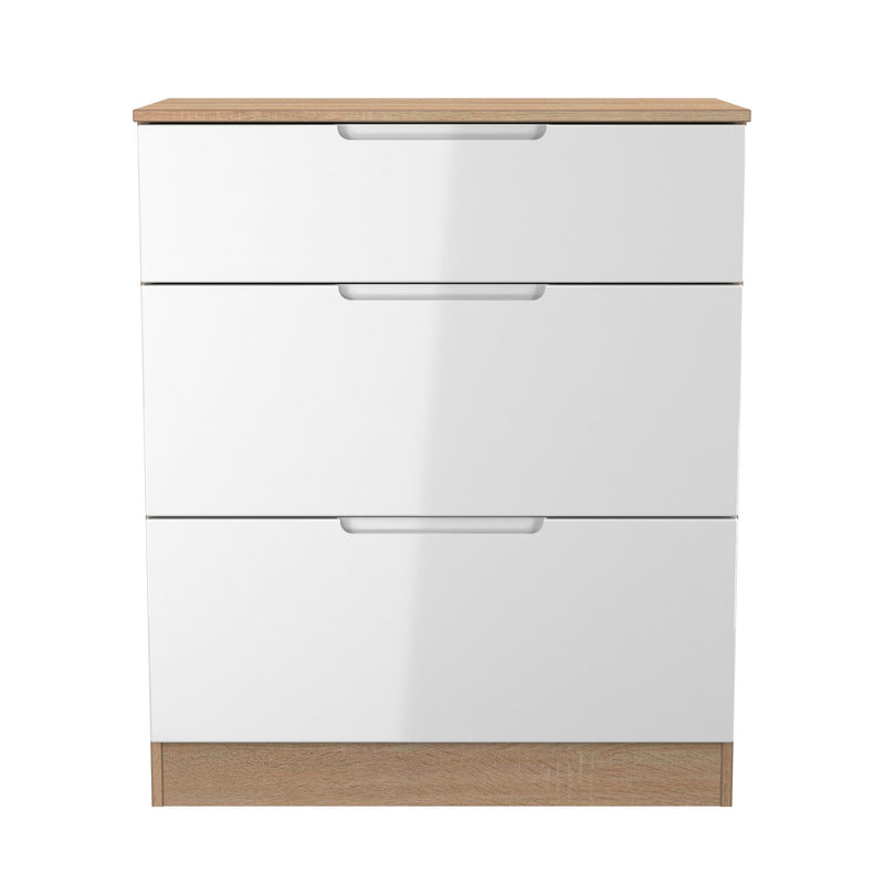 Milan 3 Drawer Deep Chest in White Gloss & Bardolino Oak - Ready Assembled