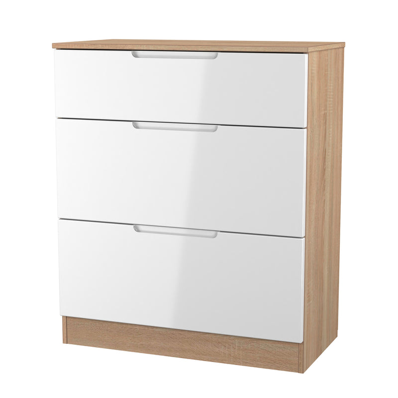 Milan 3 Drawer Deep Chest in White Gloss & Bardolino Oak - Ready Assembled