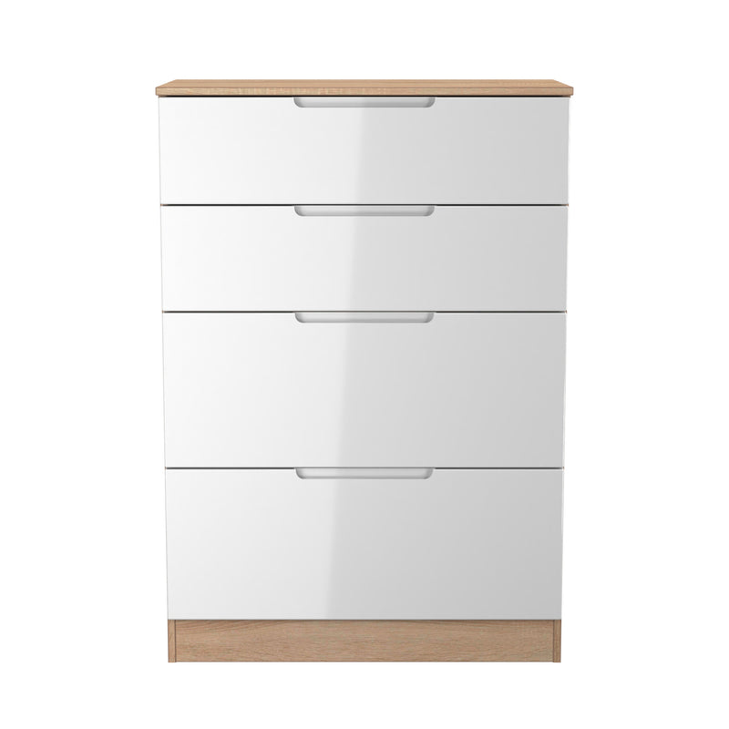 Milan 4 Drawer Deep Chest in White Gloss & Bardolino Oak - Ready Assembled