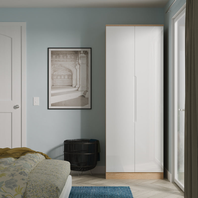 Milan Tall Double Wardrobe in White Gloss & Bardolino Oak - Ready Assembled
