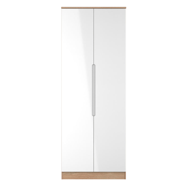 Milan Tall Double Wardrobe in White Gloss & Bardolino Oak - Ready Assembled