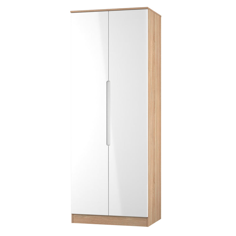 Milan Tall Double Wardrobe in White Gloss & Bardolino Oak - Ready Assembled