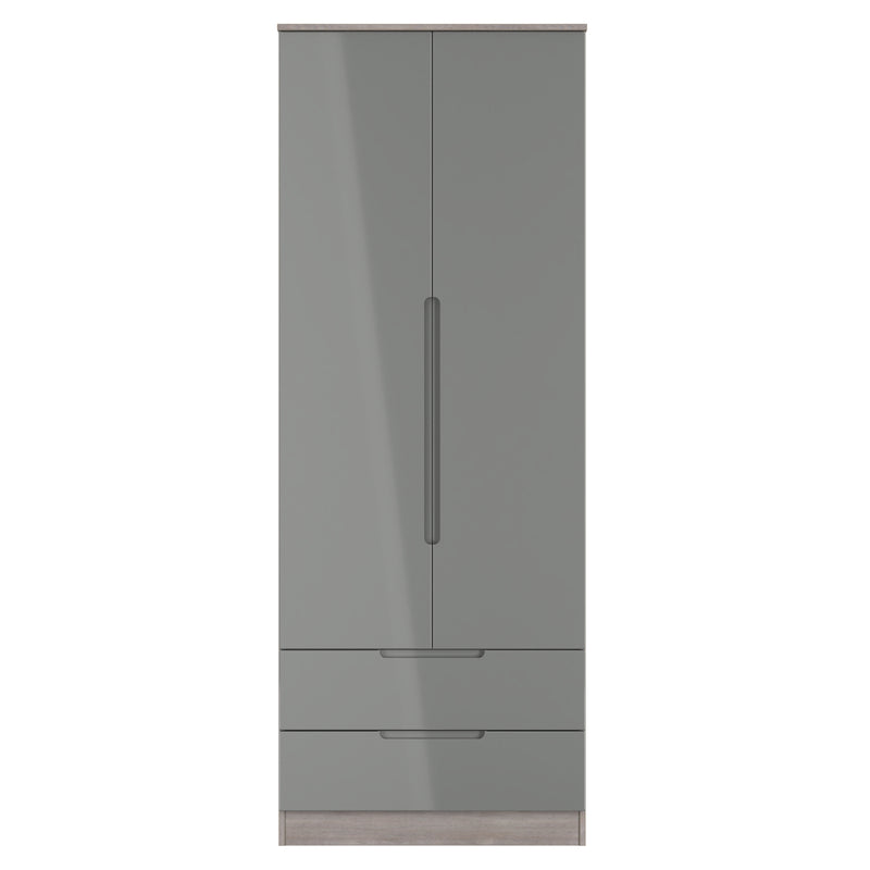 Cannes Ready Assembled 2 Door 2 Drawer Wardrobe in Grey Gloss & Grey Oak