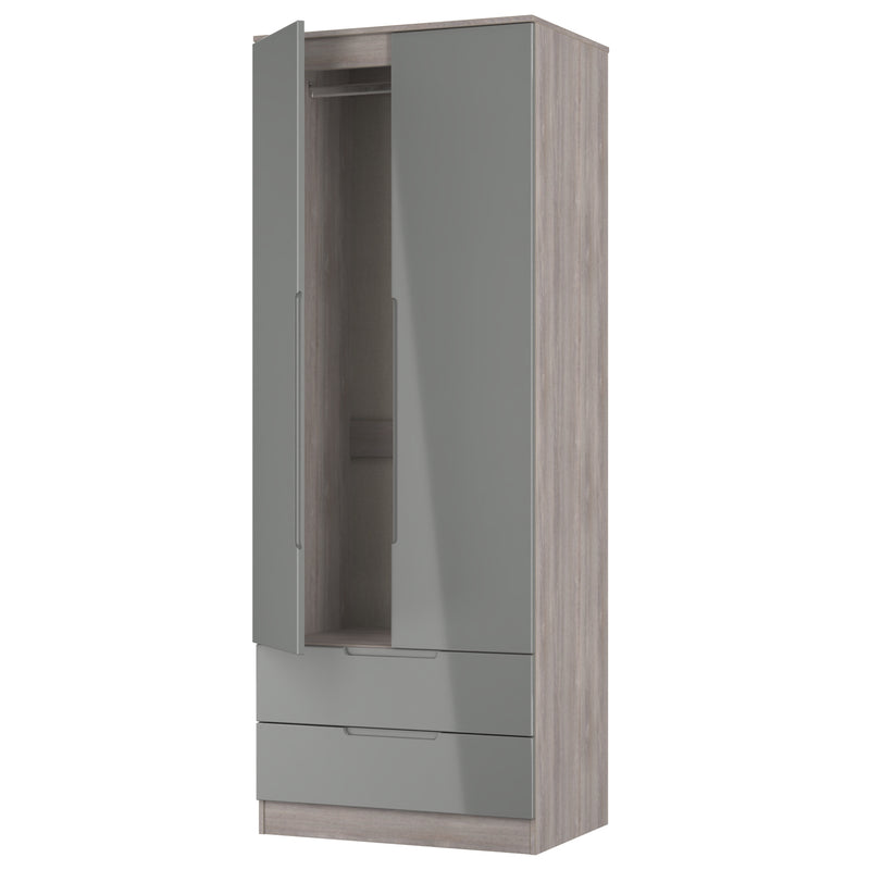 Cannes Ready Assembled 2 Door 2 Drawer Wardrobe in Grey Gloss & Grey Oak