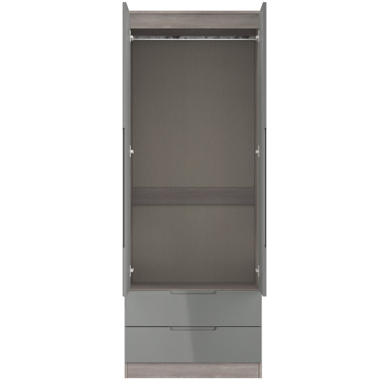 Cannes Ready Assembled 2 Door 2 Drawer Wardrobe in Grey Gloss & Grey Oak