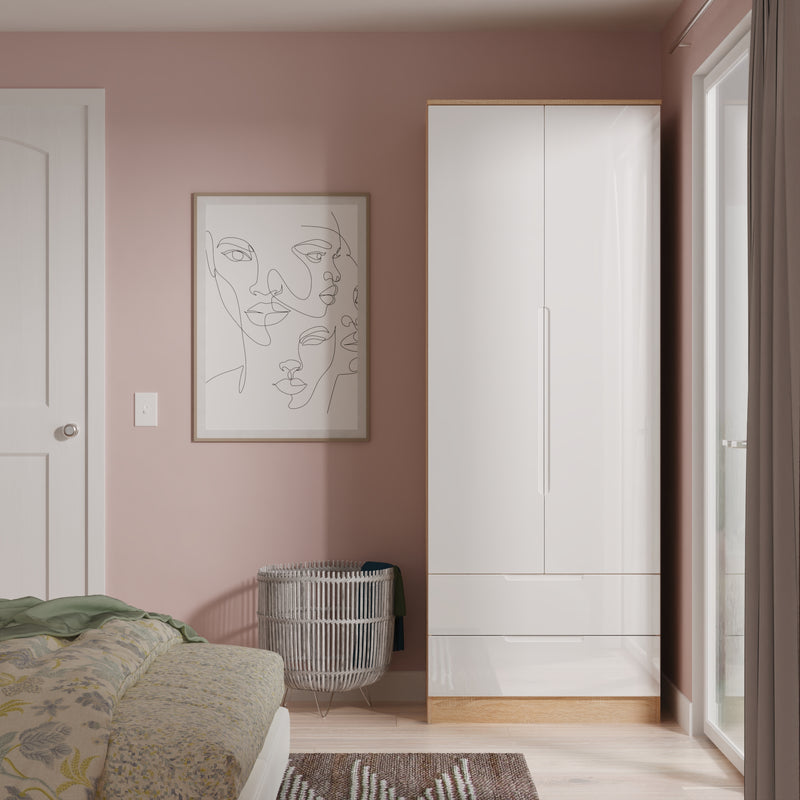 Milan Tall 2 Drawer Double Wardrobe in White Gloss & Bardolino Oak - Ready Assembled