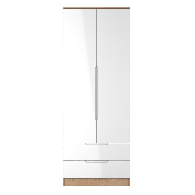Milan Tall 2 Drawer Double Wardrobe in White Gloss & Bardolino Oak - Ready Assembled