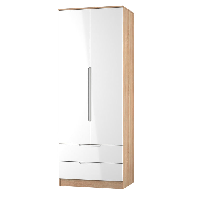 Milan Tall 2 Drawer Double Wardrobe in White Gloss & Bardolino Oak - Ready Assembled