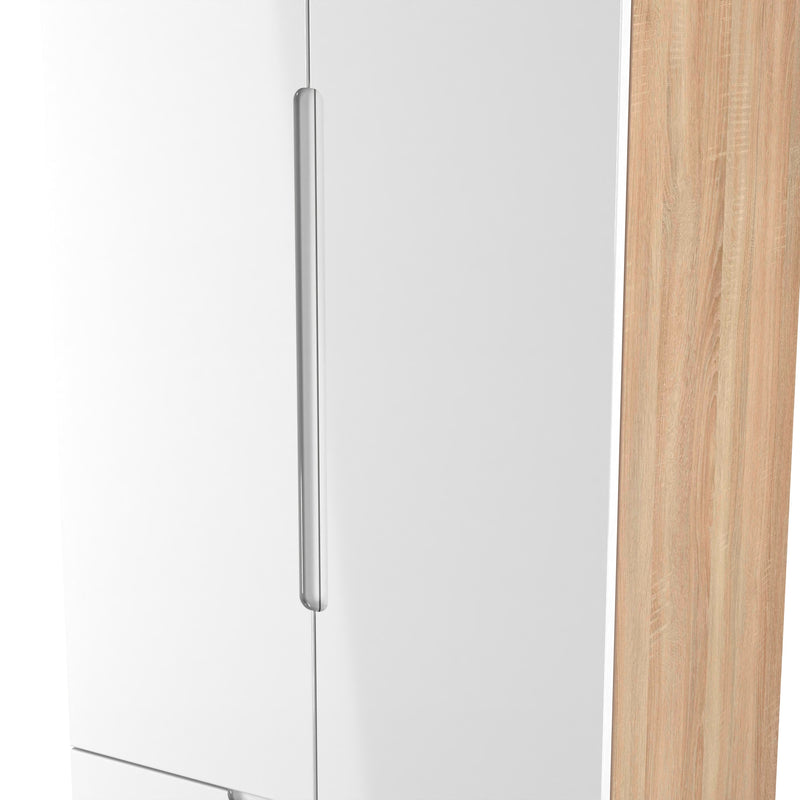 Milan Tall 2 Drawer Double Wardrobe in White Gloss & Bardolino Oak - Ready Assembled