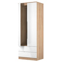 Milan Tall 2 Drawer Double Wardrobe in White Gloss & Bardolino Oak - Ready Assembled