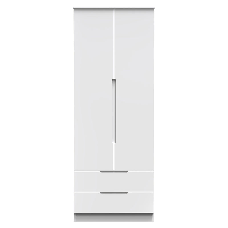 Milan Tall 2 Drawer Double Wardrobe in White Gloss & White - Ready Assembled