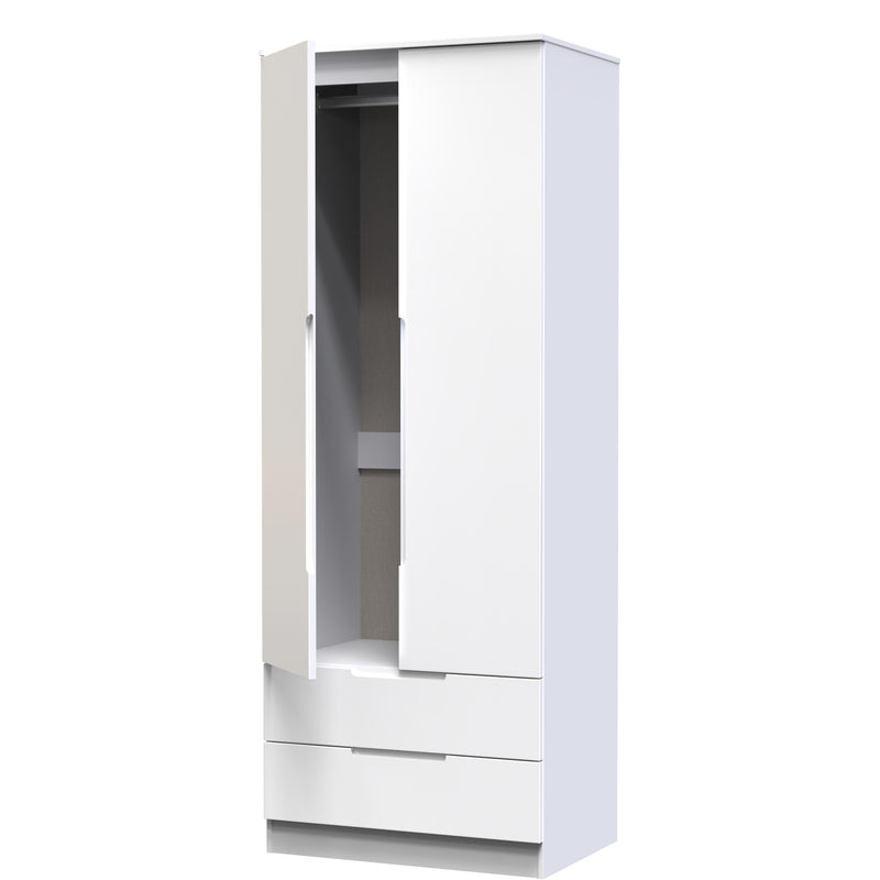 Milan Tall 2 Drawer Double Wardrobe in White Gloss & White - Ready Assembled
