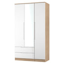 Milan Tall 2 Drawer Tiple Mirror Wardrobe in White Gloss & Bardolino Oak - Ready Assembled