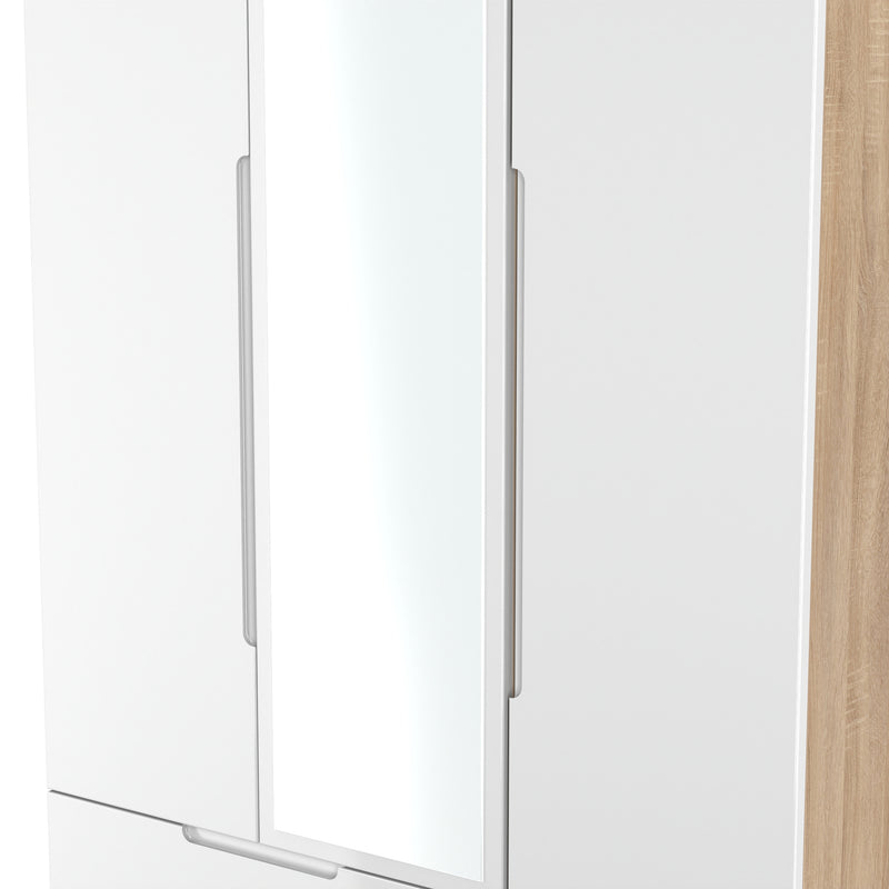 Milan Tall 2 Drawer Tiple Mirror Wardrobe in White Gloss & Bardolino Oak - Ready Assembled