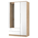 Milan Tall 2 Drawer Tiple Mirror Wardrobe in White Gloss & Bardolino Oak - Ready Assembled